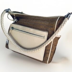 BRIGHTON Cream & Tan Raffia Wicker Genuine Leather Shoulder Bag Tote Purse
